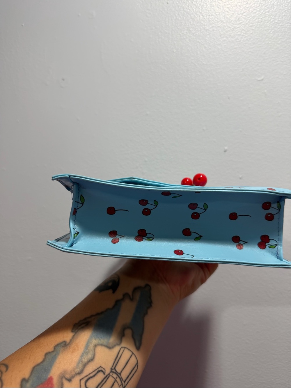 Sky Blue Cherry Print Top-Handle Bag - Picture 4 of 5